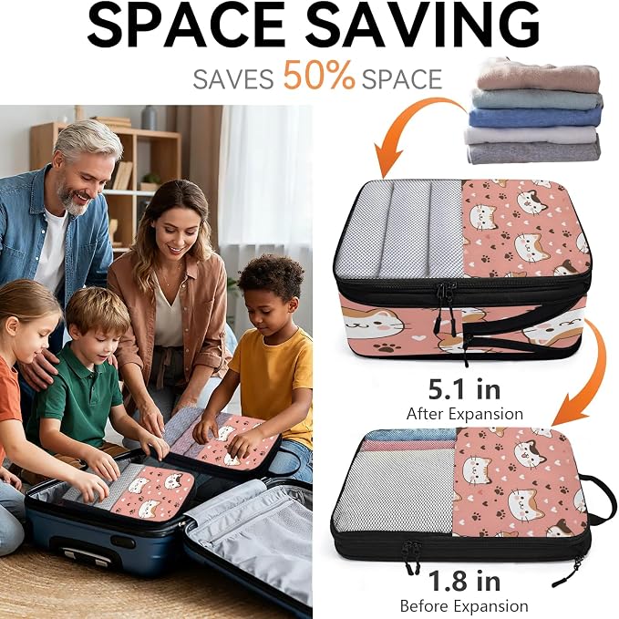 Cat Compression Packing Cubes Cat Paws Print 6 Set Travel Packing Cubes for Suitcases Lightweight Expandable Organizers