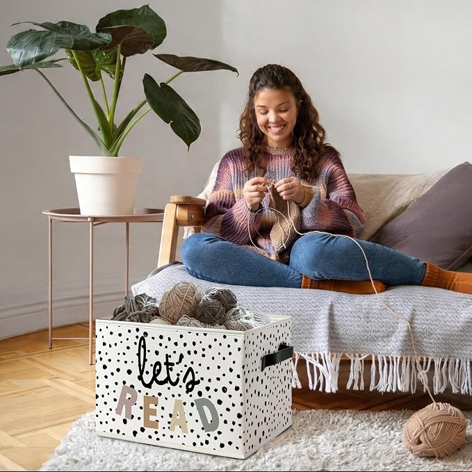 Boho Nursery Book Foldable Storage Bins Box with Handles, Let's Read Classroom Decorative Storage Boxes Baskets Toybox Organizer for Reading Nook Corner Room Home Library Kids Bedroom