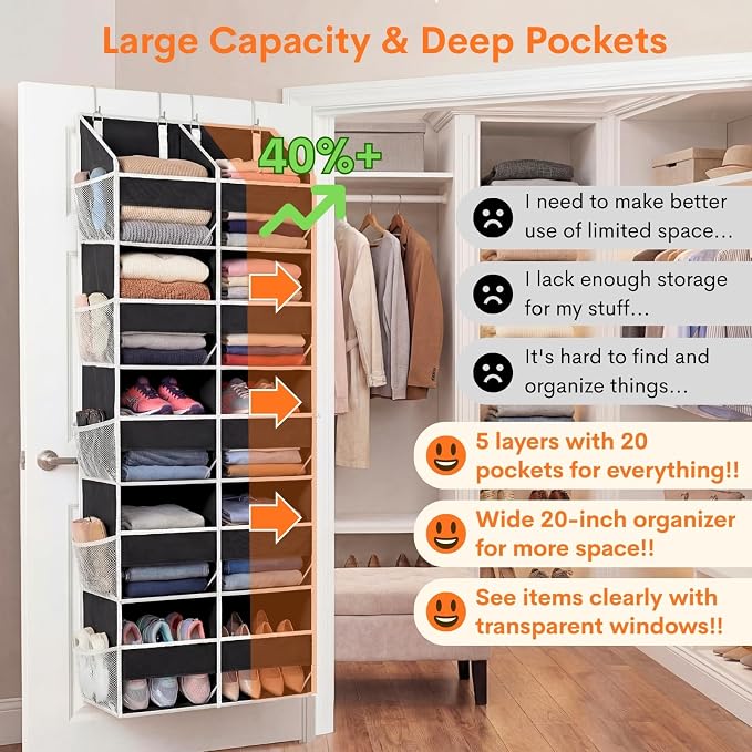Over the Door Organizer 5 Tiers, Extra Large Behind Door Storage of 10 Compartments, 80 lbs Weight Capacity Hanging Storage Organizer with Clear Window Kids Toys, Shoes, Diapers, Room storage