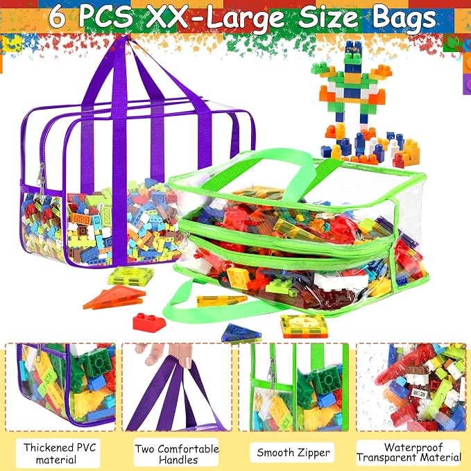 6 Color XXL Toy Storage Bags 16.5×11.8×6.8In with Labels, Large Capacity Reusable Clear PVC Storage Bags, Travel Waterproof Organizer Bags with Double Zipper