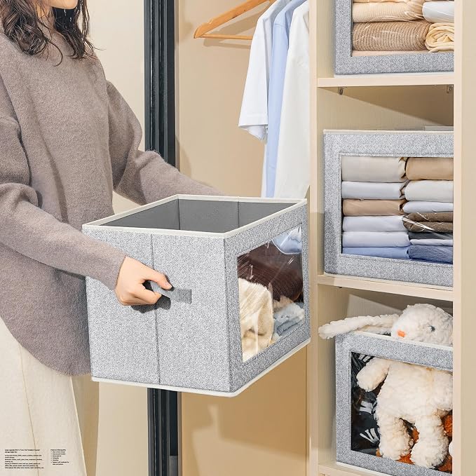 Storage Bins with Lids, 3 Pack Large Storage Cubes with Window, Closet Bins with Lids & Handles, Fabric Box for Organizing Clothes, Towels, Books, Blended