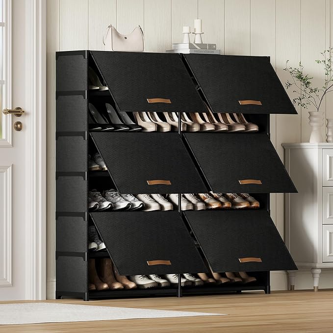 2 by 7 Tier Shoe Cabinet, 42-Pair Storage for Closet, Black | Removable Layer Fits Tall Boots, Split into 2 Units for Different Spots, Door Keeps Shoes Clean