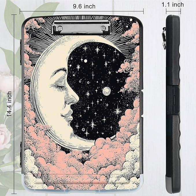 A4 Clipboard with Storage Pen Holder, Clipboards Organizer Nursing Clipboard Foldable File Folder Plastic Clipboard Folio Clip Board for Office Work Classroom Doctor, Pink Tree Moon