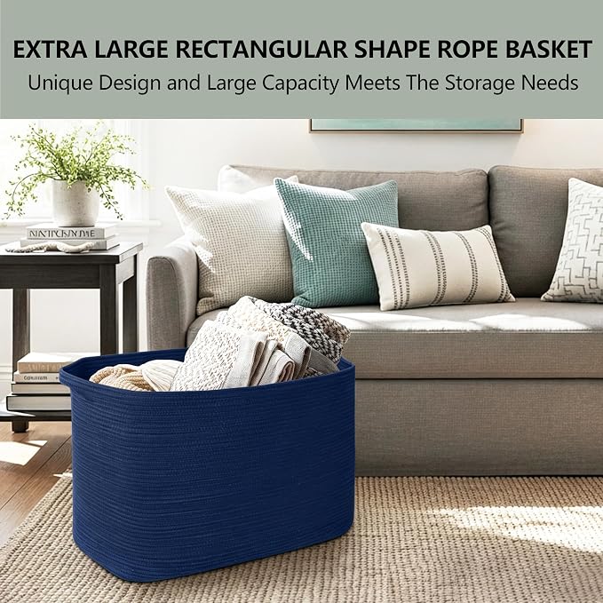 108L Extra Large Storage Basket, 25"x16"x16" Blue Blanket Basket Living Room, Oversized Cotton Rope Blanket Storage, XXXL Woven Kids Dog Toy Bin Box, Jumbo Laundry Shoes Towel Bin, Navy Blue