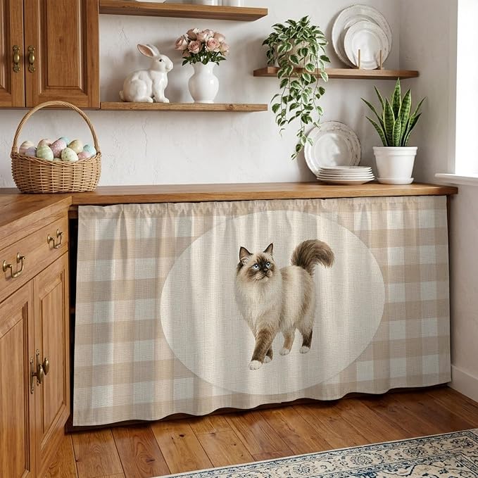 Ragdoll Cat Cabinet Curtain 32"Wx55"L, Dustproof Pantry Door Curtain with Self Adhesive Tape, Vintage Linen Plaid Farmhouse Pet Cats Tall Storage Cover Privacy Drape for Bathroom Kitchen Laundry Room