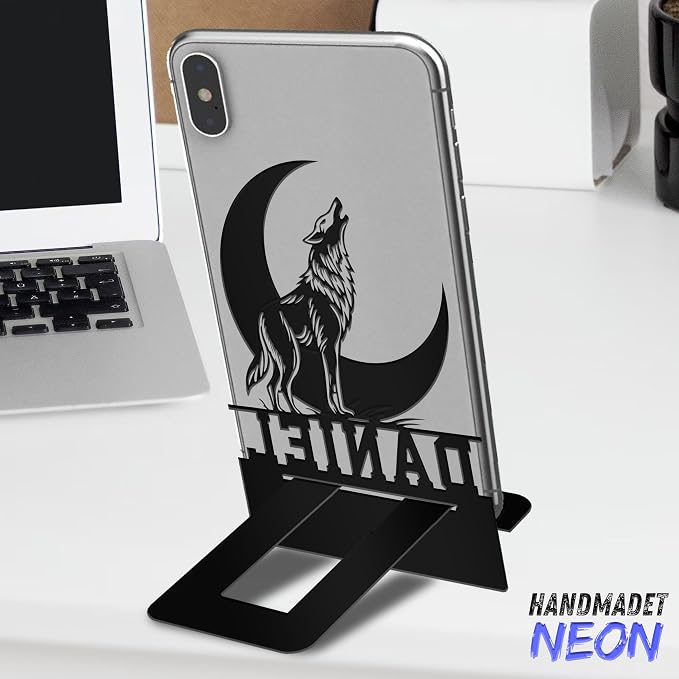 Personalized Wolf Moon Phone Holder, Custom Name Metal Desk Stand, Crescent Night Dock, Tablet, Smartphone Display Stands, Gifts for Friends, Animal Lovers, Teens, Christmas