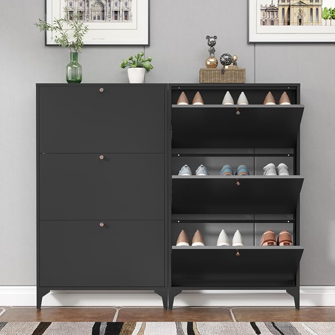 Shoe Cabinet with 3 Flip Drawers, Narrow Shoe Storage Cabinet, Farmhouse Shoe Organizer, Freestanding Organizer with Metal Legs for Entryway, Foyer (Black, 3 Door)