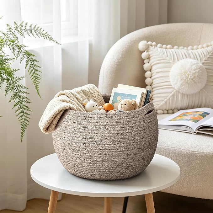 Goodpick Large Toy Storage Basket for Kids, Round, 15.7" x 10.5", Jute | Woven Rope Basket with Handles, Holds Blankets, Toys & Baby Shower, Decorative Basket for Living Room & Bedroom Décor