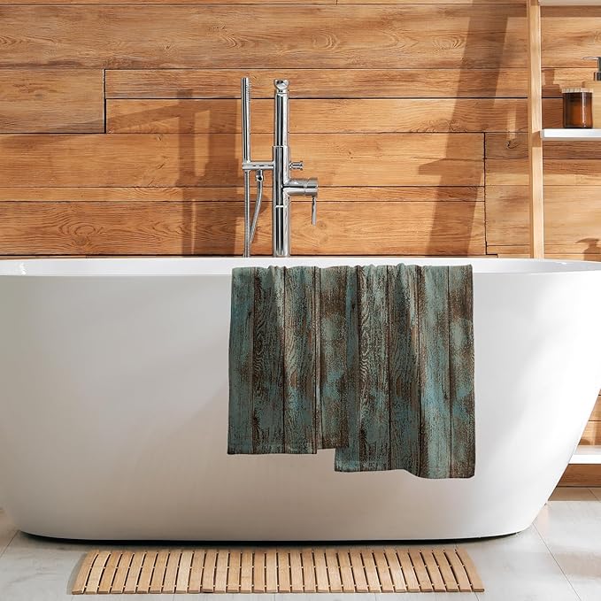 Giwawa Rustic Barn Wood Hand Towel 15x30 Set of 2, Vintage Teal Turquoise Brown Plank Fingertip Towel Retro Wooden Stripe Face Towel Country Grain Board Washcloth for Farmhouse Log Cabin Bathroom