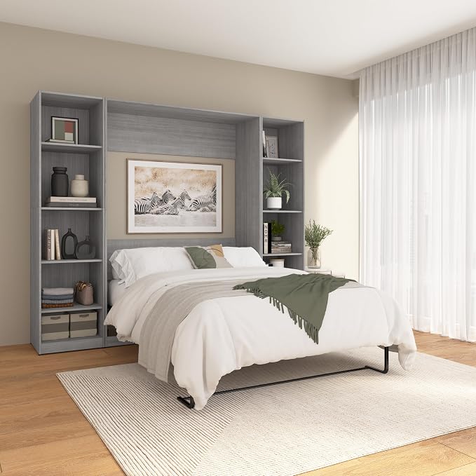 Bestar Full Murphy Bed with Closet Organizer, Platinum Gray, Claremont, 99W | Closet Organizers; dual piston mechanism; for guest room or multipurpose space; 10-year warranty