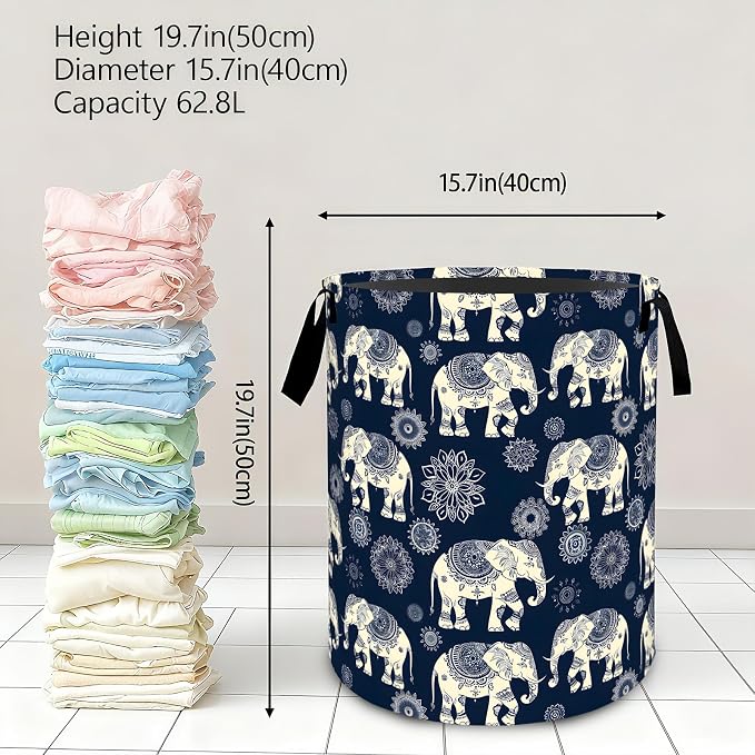 Retro Elephant Mandala Laundry Basket,Boho Dirty Clothes Hamper,Ethnic Animal Storage Bin Gifts,Foldable Waterproof Oxford Cloth Baskets for Bathroom,Bedroom,Home Decoration(19.7" x 15.7")