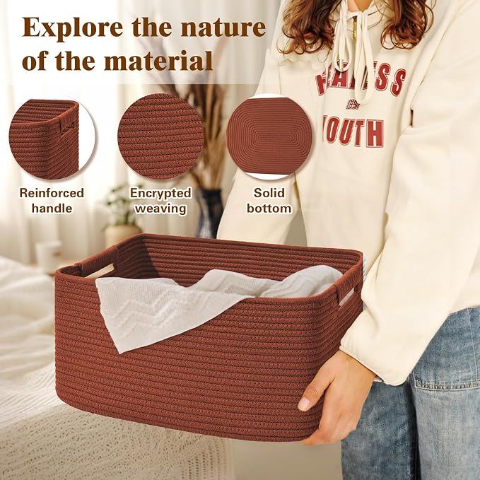 3 Pack Large Storage Basket for Organizing, 17.5"x13"x7" Woven Basket for Shelves, Closet Cube Storage Bins with Wrapped Handle, Cotton Rope Baskets for Kitchen, Clothes, Toys(Oxide Red)