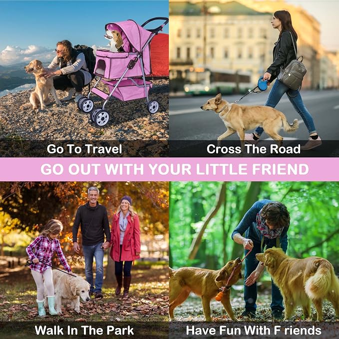Pet Stroller,4 Wheels Dog Stroller with Storage Basket,Compact Portable Folding Carrier for Travel,Camping,Dog Carrier for Small Medium Dogs Or Cats,Lightweight Waterproof Pet Stroller,Pink