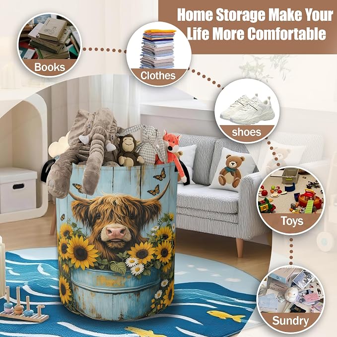 Highland Cow Laundry Hamper,Cow Sunflower Wood Laundry Baskets,Waterproof Oxford Cloth Toy Storage for Bedroom,Bathroom,Nursery,16x20.8 Inch