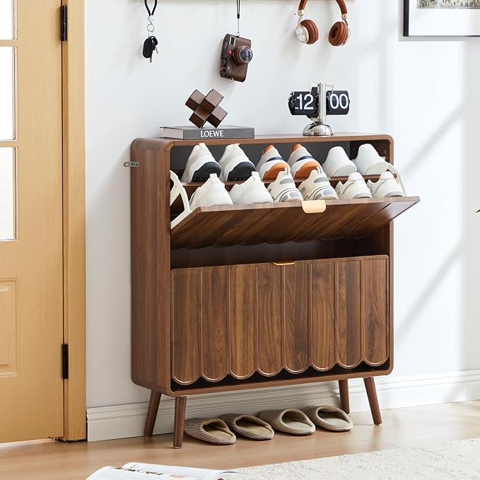 Shoe Storage Cabinet for Entryway with 2 Flip Drawers, Freestanding Narrow Wooden Shoe Cabinet with Wave Panel, Hidden Shoe Organizer for Foyer, Hallway (Walnut)