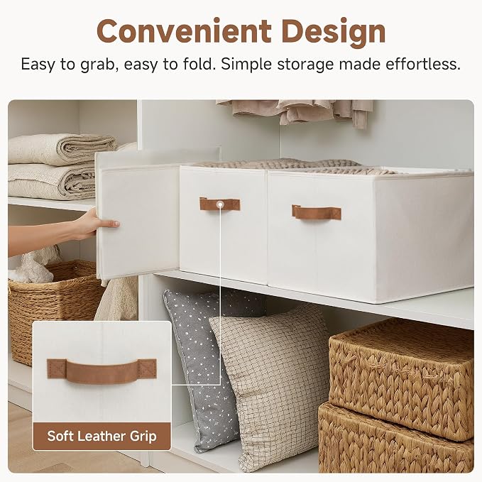 StorageWorks Closet Storage Bins with PU Handles, Ivory White, Extra Large | Foldable Storage Bins with PU Handles, Closet Storage Baskets, Fabric Bins for Clothes Storage