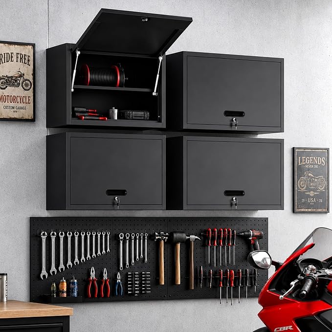 Metal Storage Cabinet for Garage, Tool Cabinet, Utility Cabinet | Wall Mounted, Hanging Tool Cabinet, Lockable, Flip-up Cabinet Door, 2 Tier Shelf, Assembly Required, Black