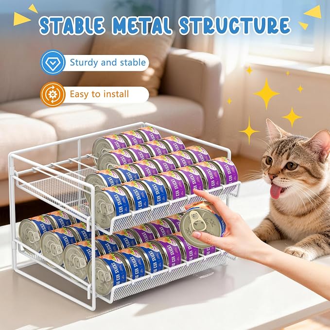 Cat Food Can Organizer 2-Tier Can Organizer for Pantry 56 Cans 3.5oz | White metal 2-tier cat food can organizer,Holds 56 cans 3.5oz,Adjustable pantry countertop storage for kitchen counter