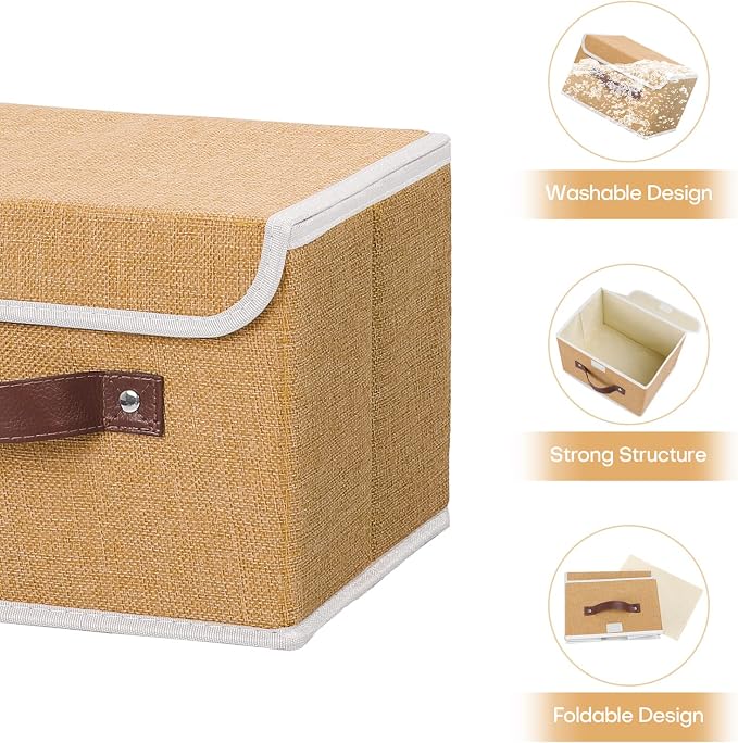 ANMINY Fabric Storage Box Bins with Lids, Khaki, 10"x8"x7", 4 Pack | Keepsake Memory Storage, Cotton Linen, PP Board Reinforced, Washable, PU Handles, Foldable & Stackable, Decorative, Small