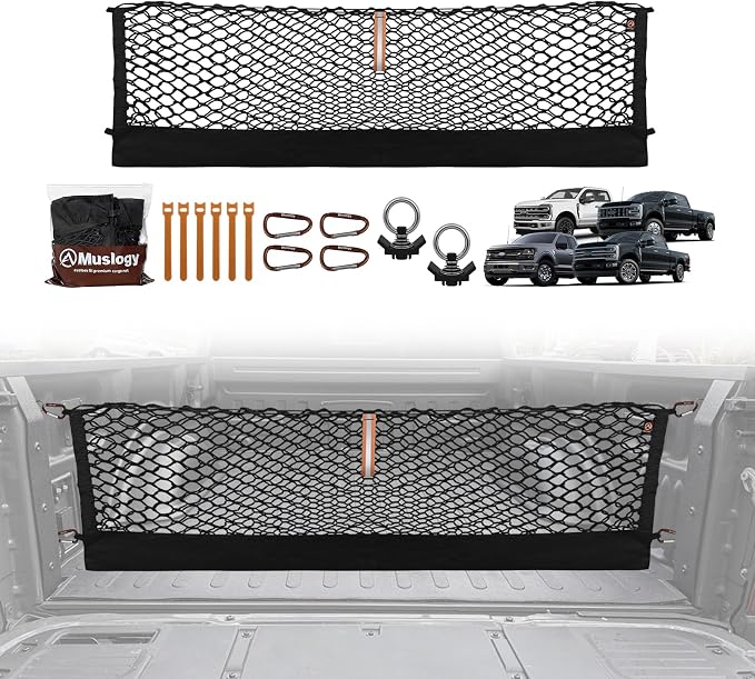 Muslogy Cargo Net for 2015+ Ford F150 & 2017+ F250/F350/F450 (Tie Down) | Custom Fit, Truck Bed Storage Organizer Net for Pickup Truck Bed Divider, Heavy Duty Carabiners, Night Visible Grab Handle