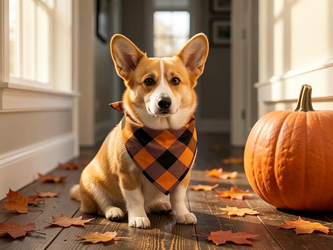 Fall Dog Bandanas 2PCS Halloween Pumpkin Spider Web Small Dog Cat | Reversible dog bandanas for fall & Halloween & Thanksgiving. Orange plaid/pumpkin/Spider Web design. Fits small dog cat