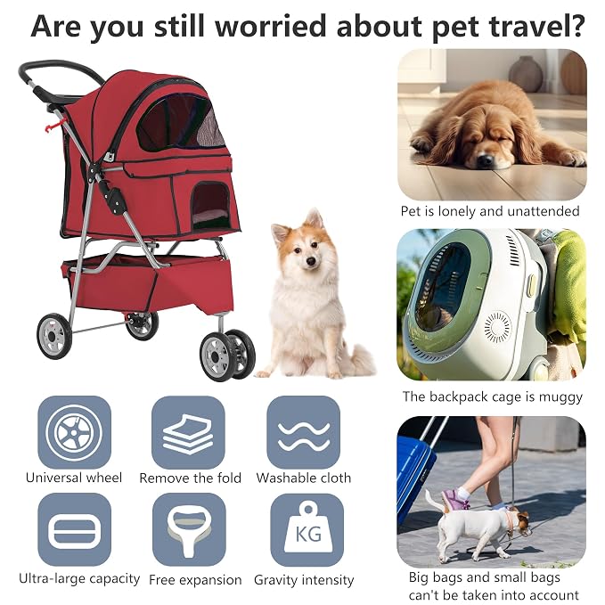 FDW Pet Stroller 3-Wheel Durable Foldable Cat Dog Stroller with Washable Liner Storage Basket Cup Holder,Red