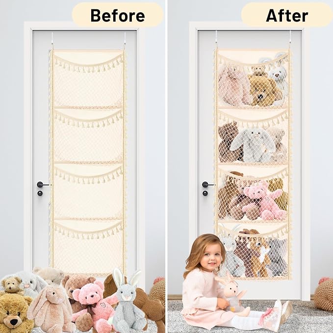 Over The Door Stuffed Animal Storage, Cotton Toy Organizer for Storage Plush Toys,Baby Supplies, Stuffed Animal Holder with 4 Large Pockets, Hanging Door Organizer for Nursery, Bedroom (Tassel)