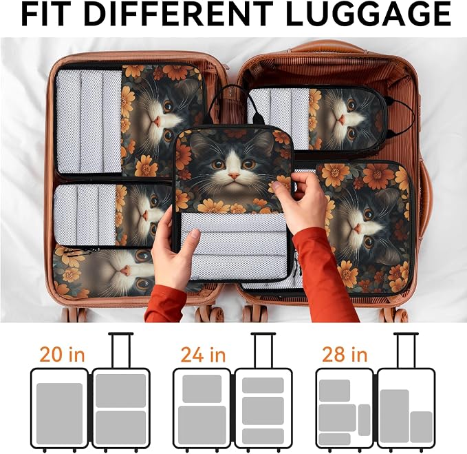 Cat 6 Set Compression Packing Cubes Flower Cat Expandable Packing Organizer for Travel Accessories Luggage Suitcase Bag