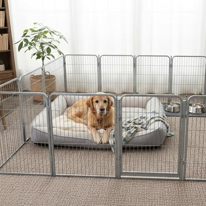 Indoor Dog Playpen - 24 inch, 8 Panels for Small and Puppy Size Dogs - Play Pen w/Extra Wide Gate - Heavy Duty Metal Portable Pet Fence with Grey Anti-Rust Coating