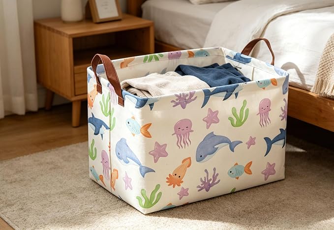 Essme Rectangular Basket, Storage Basket with Handles for Room Decor,Ocean Storage Bin（Ocean）