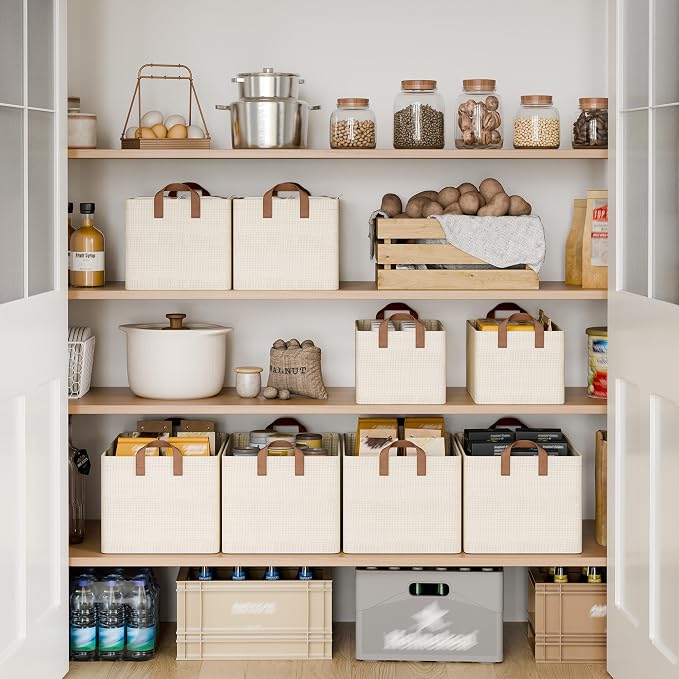 StorageWorks Closet Storage Bins, Shelves Baskets, Beige, 2-Pack | With Reinforced PU Handles, Sturdy Metal Frame, Collapsible, Basket for Shelves, Closet, Holds Clothes, Towels, Blankets