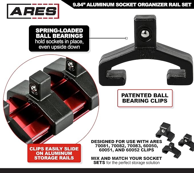 ARES 60079 Red Socket Rail | Part No. 60079; Includes 1/4-Inch, 3/8-Inch, and 1/2-Inch Drive Rails
