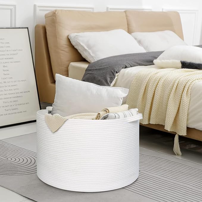 White Cotton Rope Storage Basket, 22" X 22" X 14" Extra Large Blanket Storage Living Room, XL Soft Toy Bin for Organizing, Woven Baby Laundry Basket with Handle, White Wicker Hamper Nursery