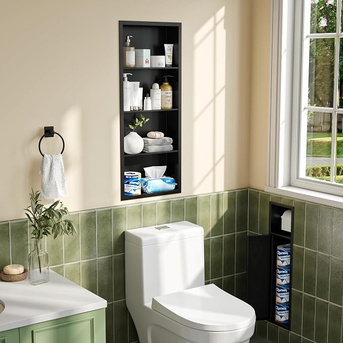 Qeke 14x 36 Medicine Cabinet Recessed with 4-Tiers Shelves, Matte Black | 304 Stainless Steel Medicine Cabinet without Mirror, No Tile Needed Wall Niche for Bathroom Storage, Space Saving & Durable