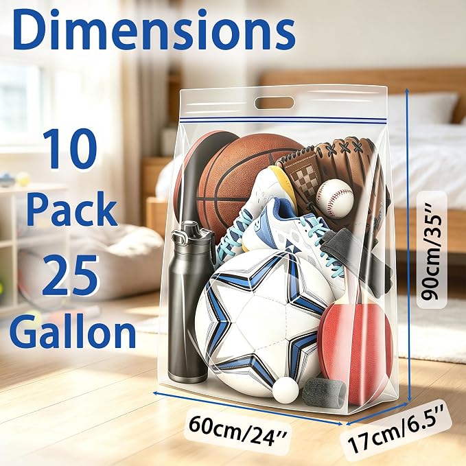 Extra Large 25 Gallon Storage Bags - 35” x 24” with Resealable Zip and Carry Handle, Ideal for Clothes, Pillows, Moving and Travel, Set of 10
