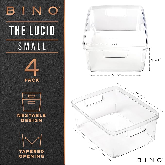 BINO Plastic Storage Containers, Small - 4 Pack THE LUCID COLLECTION, Multi-Use Organizer Bins Built-In Handles BPA-Free Clear, Fridge, Pantry & Home Organization