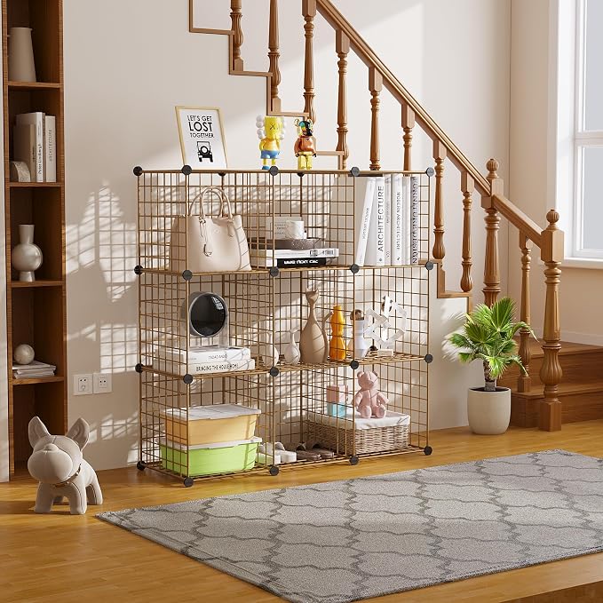 C&AHOME Wire Cube Storage, 9 - Cube Organizer Metal C Grids,Shelves, Brown | Modular Shelves Units, Closet Organizer, Storage Bins Shelving, Ideal for Home, Office, Living Room