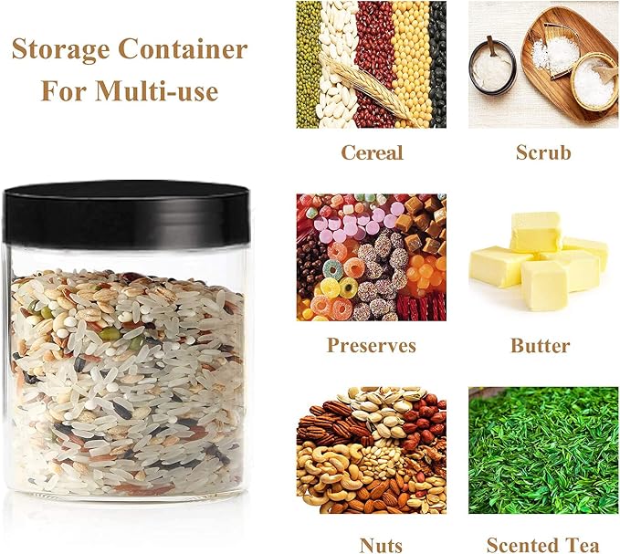 Hajoyful Plastic Jars with Lids Empty Slime Cosmetics Containers Clear Gift Food Jars Round PET Cream Jar with Black Lids Pen Labels for Kitchen Storage Spices Dry Food Body Butter Making(8OZ 32PCS)
