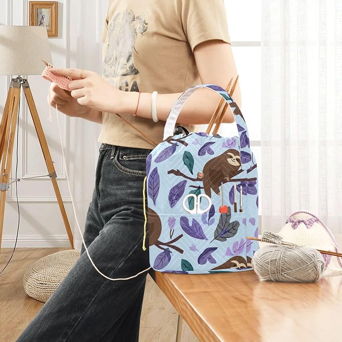 Tatenale Crochet Bag Yarn Bag Knitting Project Bag with Pockets and Handle Portable Yarn Storage Organizer Tangle Free 8.3x11 InchCartoon Sloths Branch Purple35
