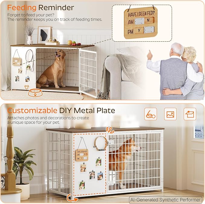 YATINEY Foldable Dog Crate Furniture, 47.2" Dog Crate with DIY Frame, Heavy Duty Dog Kennel Indoor with Hooks, Wooden Dog Cage End Table, for Small/Medium/Large Dogs, White DC120WH