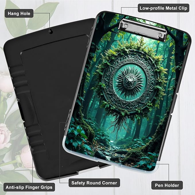 A4 Clipboard with Storage Pen Holder, Clipboards Organizer Nursing Clipboard Foldable File Folder Plastic Clipboard Folio Clip Board for Office Work Classroom Doctor, Forest Wind Chime
