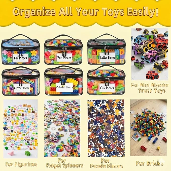 10 Pack Clear Toy Storage Bags, Kids Toy Organizer with Zipper, Waterproof PVC, Large Capacity for Puzzles, Blocks & Board Games, Easy Sorting with Labels