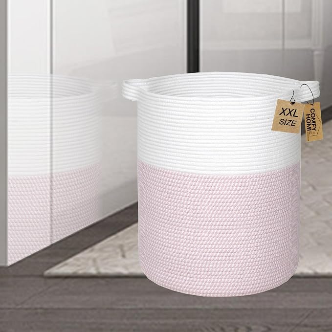 COMFY-HOMI XXL Large Laundry Basket with Handles Blanket Baskets Living Room|Woven Cotton Rope Decorative Basket Laundry Hamper Baby Basket Nursery Dog Toy Storage Organizer Bin-16”x18”-White/Pink