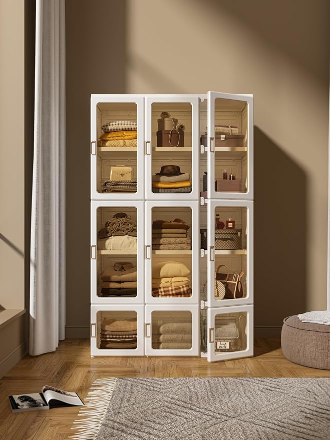 ANTBOX Portable Wardrobe Closet Storage Organizer for Clothes,Transparent Door Panels,Suitable for Living Room, Bedroom,Plastic Wardrobe with Magnetic Door and Easy Assembly 15 Cubes