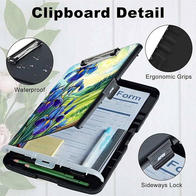 A4 Clipboard with Storage Pen Holder, Clipboards Organizer Nursing Clipboard Foldable File Folder Plastic Clipboard Folio Clip Board for Office Work Classroom Doctor, Blue Flower Lawn