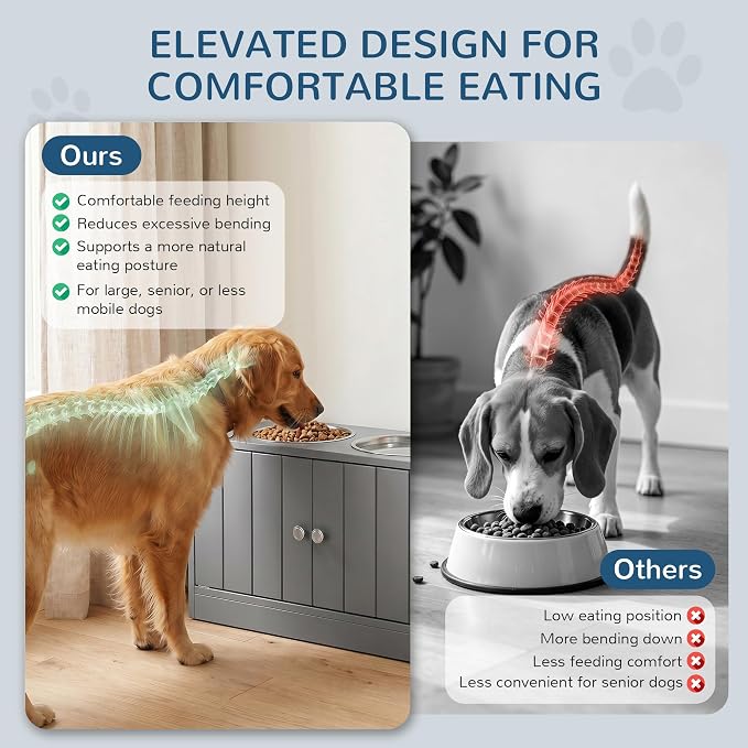 PawHut Large Elevated Dog Bowls with Storage Cabinet 44L Capacity Gray | Raised Dog Bowl Stand, Pet Feeding Station