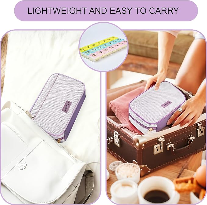 Lexeeco Travel Pill Case for Purse with Weekly Pill Organizer Holder 7 Day | Cute Am Pm Pill Box 7 Day ,Travel Medicine Organizer Pill Container Holder for Vitamins,Fish Oils,Medication,Medical Supplies
