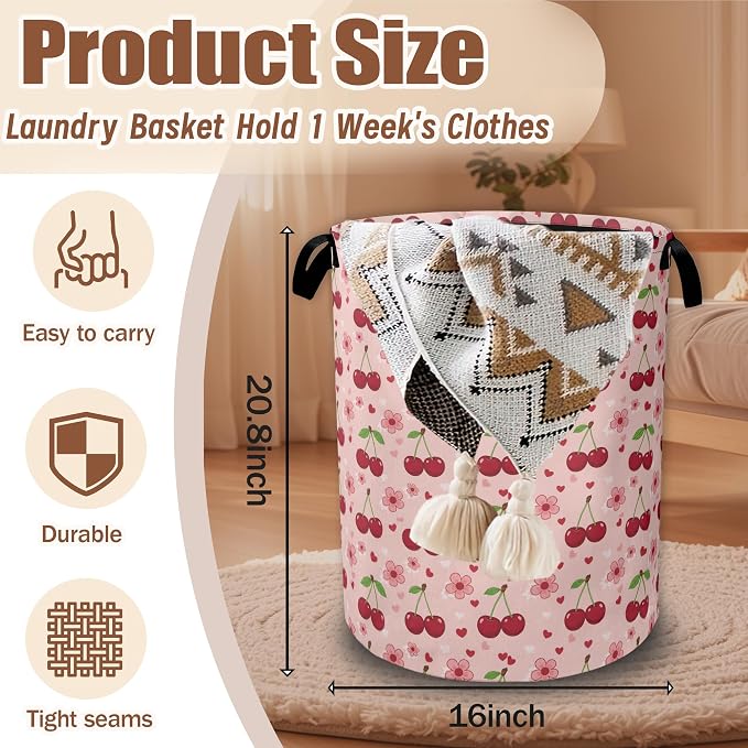 Cherry Flower Laundry Basket,Waterproof Foldable Pink Laundry Hamper,Dirty Clothes Laundry Basket, Linen Bin Storage Organizer Collection 16" x 20.8"