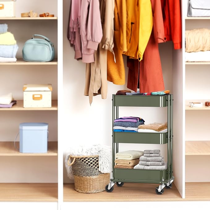 Simple Houseware 3-Tier Utility Cart, Low 24" Height Fits Under Desk, Green | Compact & Lower Height Great for Under-Desk Space-Saving Storage for Home Office, Dining Room, or Kitchen