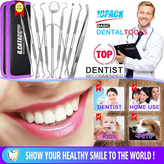 G.CATACC 10 Pack Dental Tools, Professional Plaque Remover for Teeth Cleaning Tools Set, Stainless Steel Hygiene Kit with Dental Pick Tooth Scraper Plaque Tartar Remover Tongue Cleaner - with Case